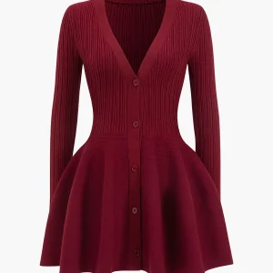 Knit Puff Hem Long Sleeve V-neck Dress