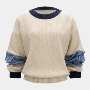 Knit Denim Patchwork Contrast Ribbed Long-Sleeve Top