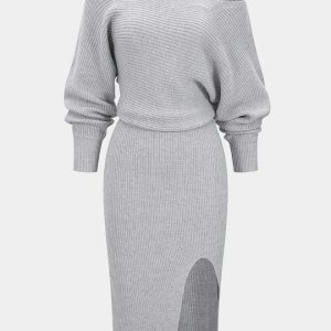 Knit Off-Shoulder Ribbed Side Slit Long Sleeve Dress