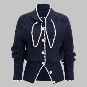 Knit Contrast Button Tie-Up Cardigan