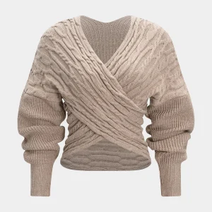 Cable Knit Crossed V-Neck Long-Sleeve Top