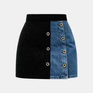 Knit Denim Patchwork Metallic Eyelet Mini Skirt