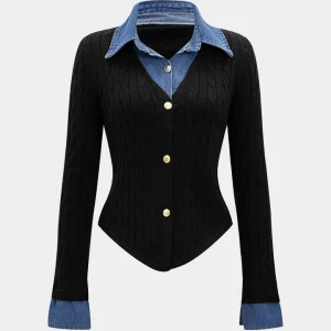 Cable Knit Patchwork Button Long-Sleeve Top