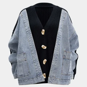 Denim Patchwork V-Neck Pocket Sweater Cardigan